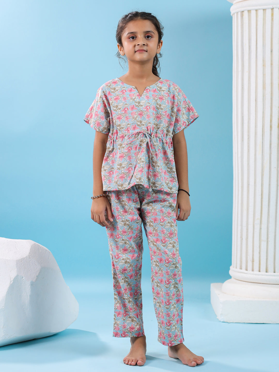 Floral Printed Cotton Night Suit For Kids
