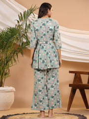 Teal peplum Printed cotton Coord  Set