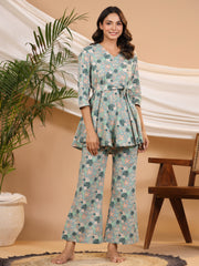 Teal peplum Printed cotton Coord  Set