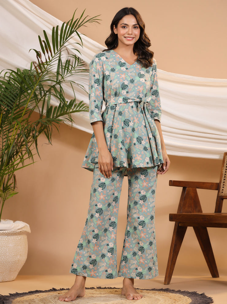 Teal peplum Printed cotton Coord  Set