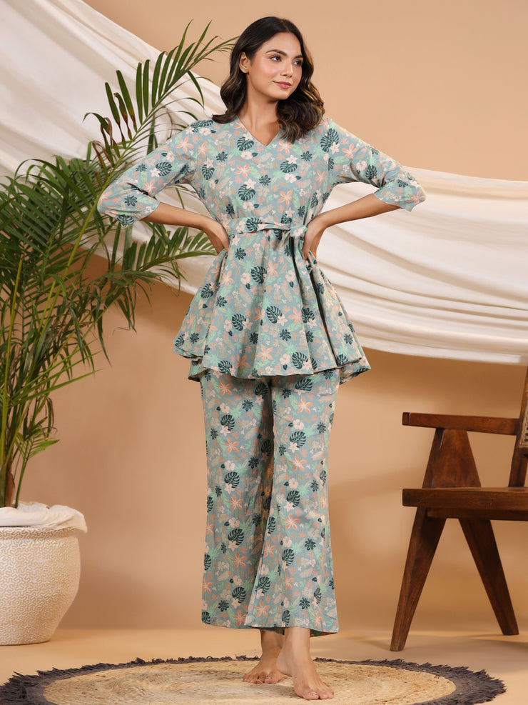 Teal peplum Printed cotton co-ord Set