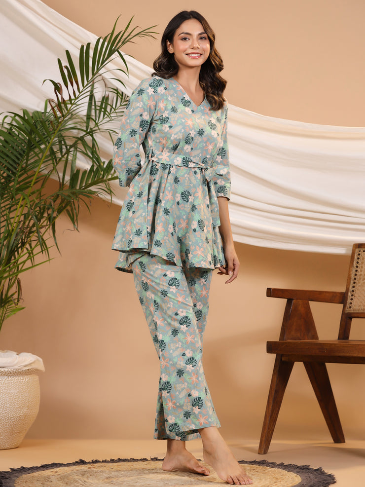 Teal peplum Printed cotton Coord  Set