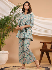 Teal peplum Printed cotton Coord  Set