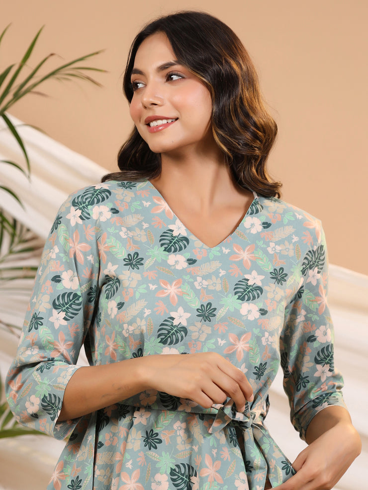Teal peplum Printed cotton Coord  Set