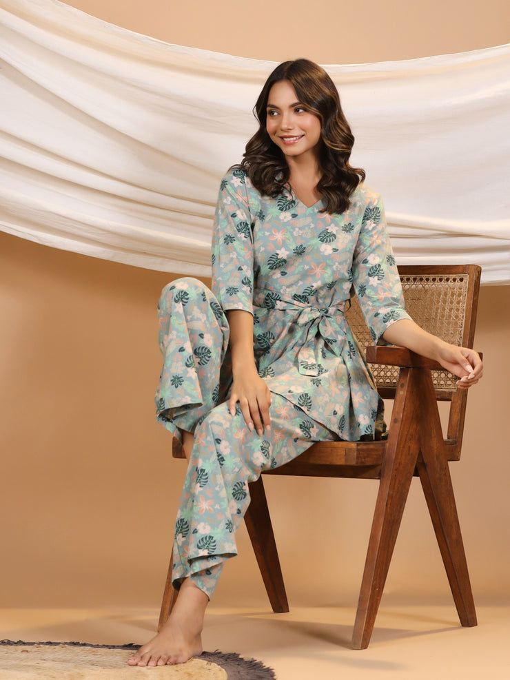 Teal peplum Printed cotton Coord  Set