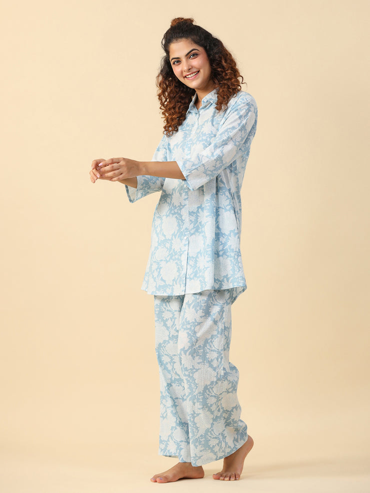 Blue Floral Printed pure cotton co-ord set