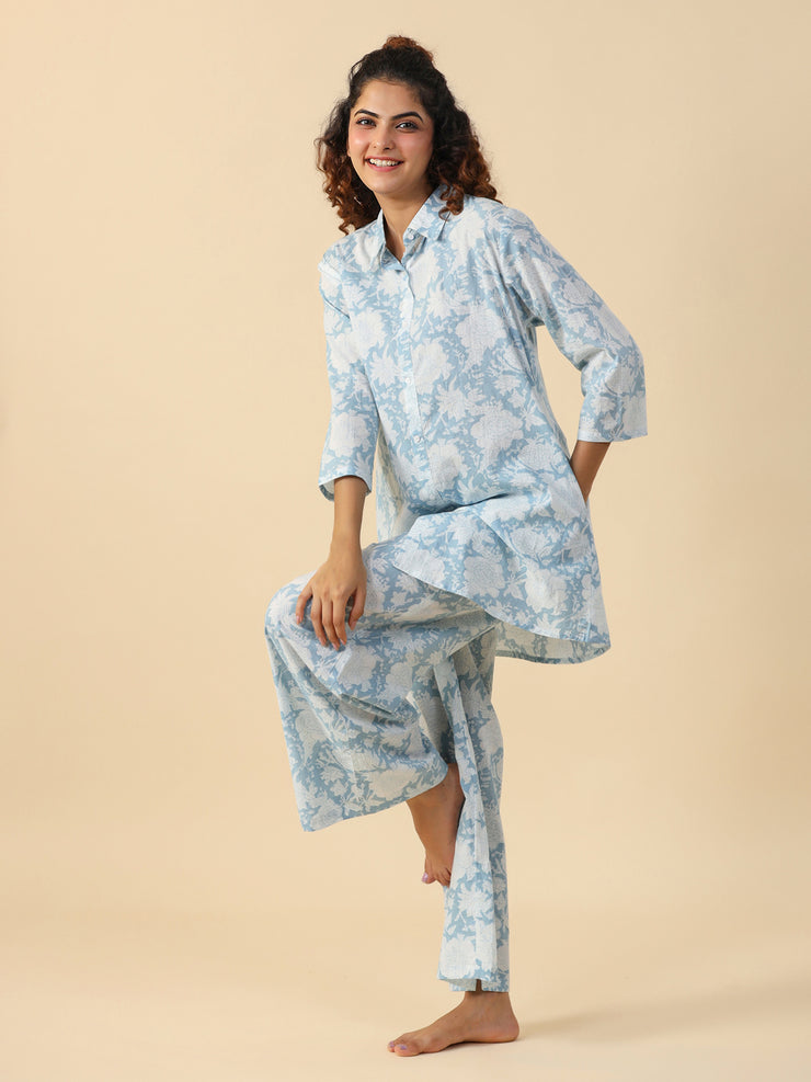 Blue Floral Printed pure cotton co-ord set
