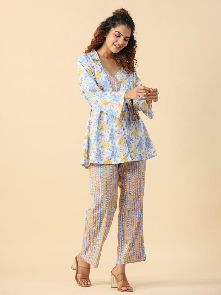 Multi- flora  3 PC Night Suit Set with Pyjama