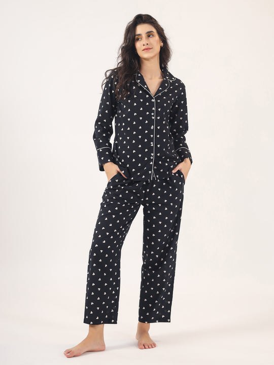 Heart print  BLACK Cotton Night SUIT