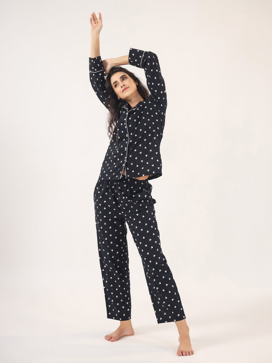Heart print  BLACK Cotton Night SUIT