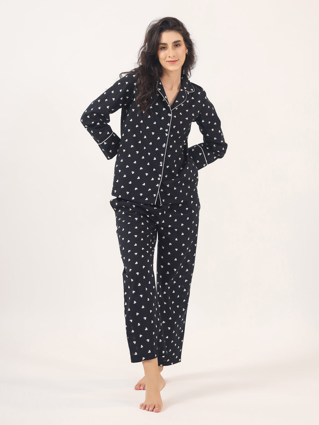 Heart print  BLACK Cotton Night SUIT