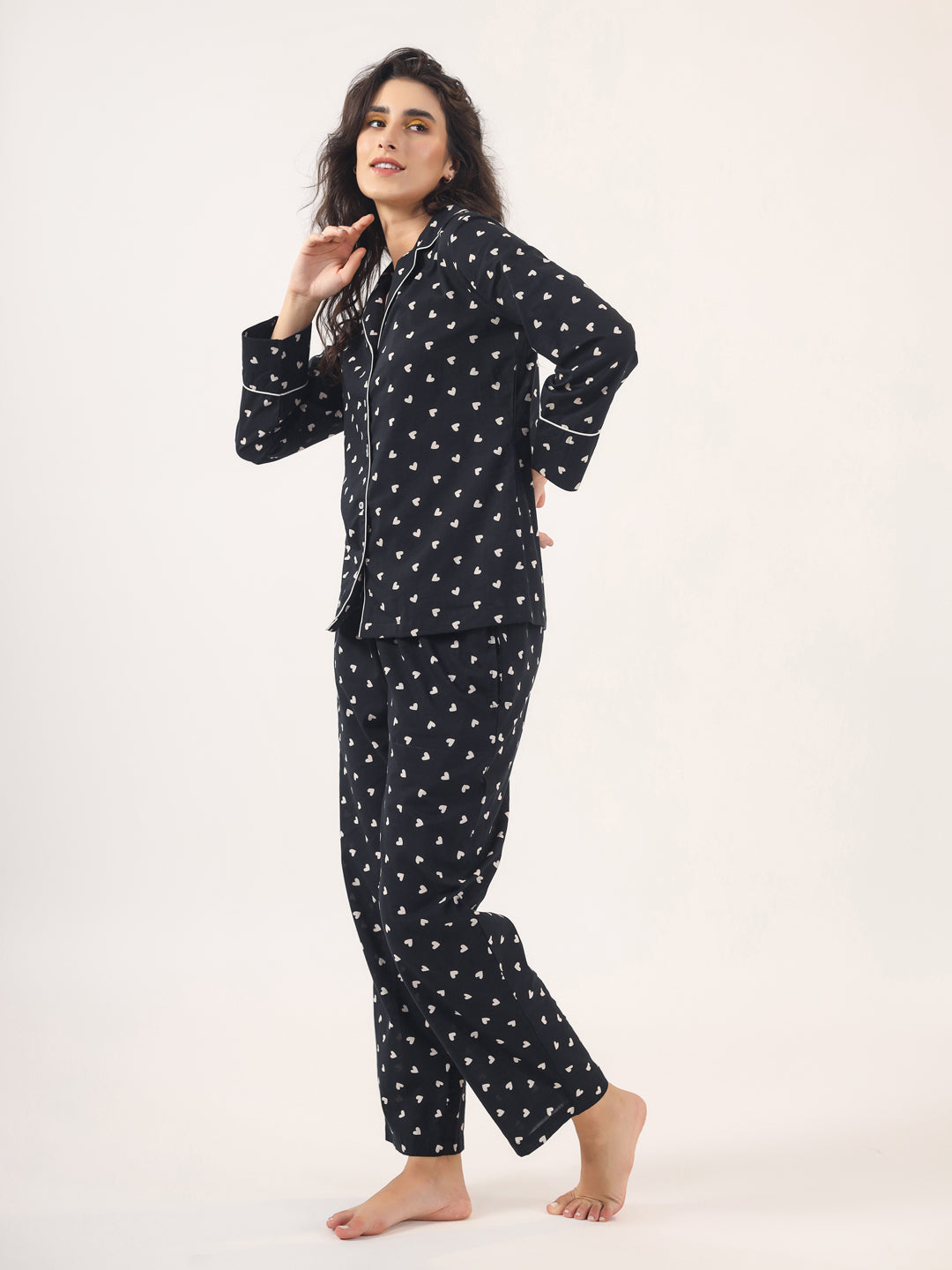 Heart print  BLACK Cotton Night SUIT