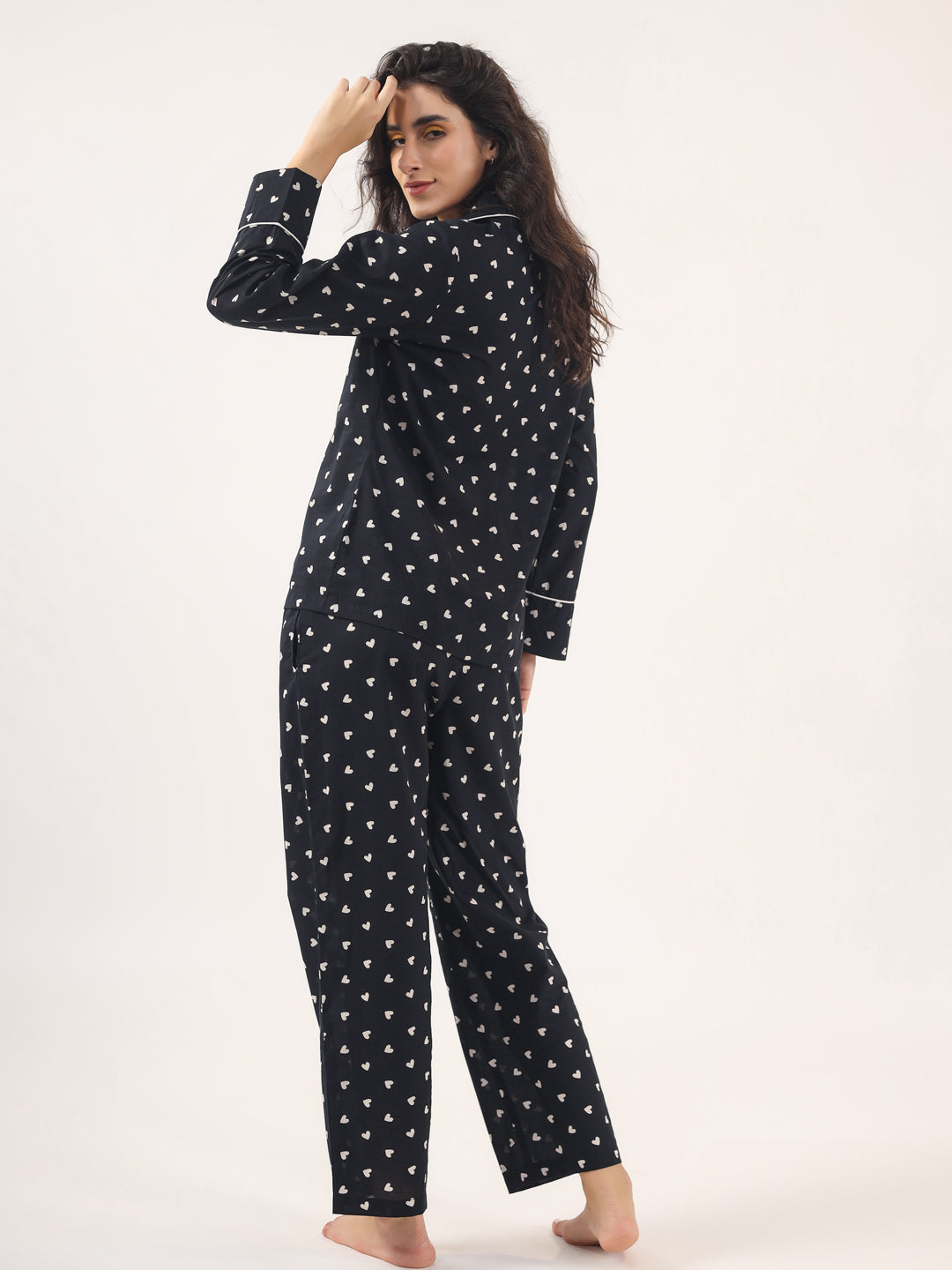 Heart print  BLACK Cotton Night SUIT