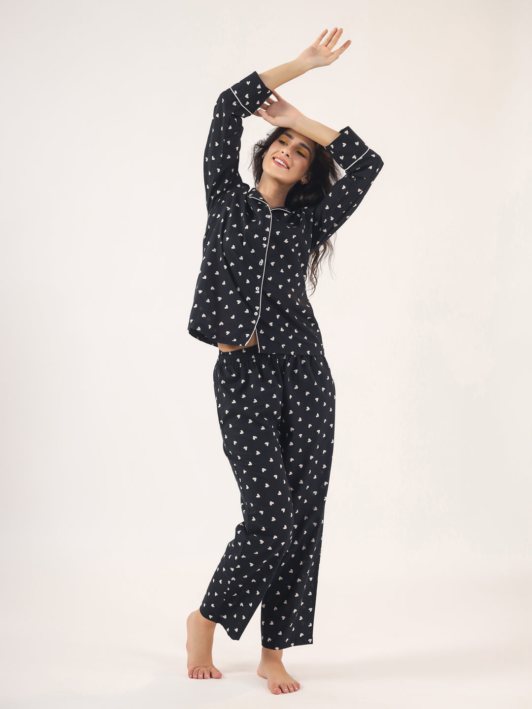 Heart print  BLACK Cotton Night SUIT