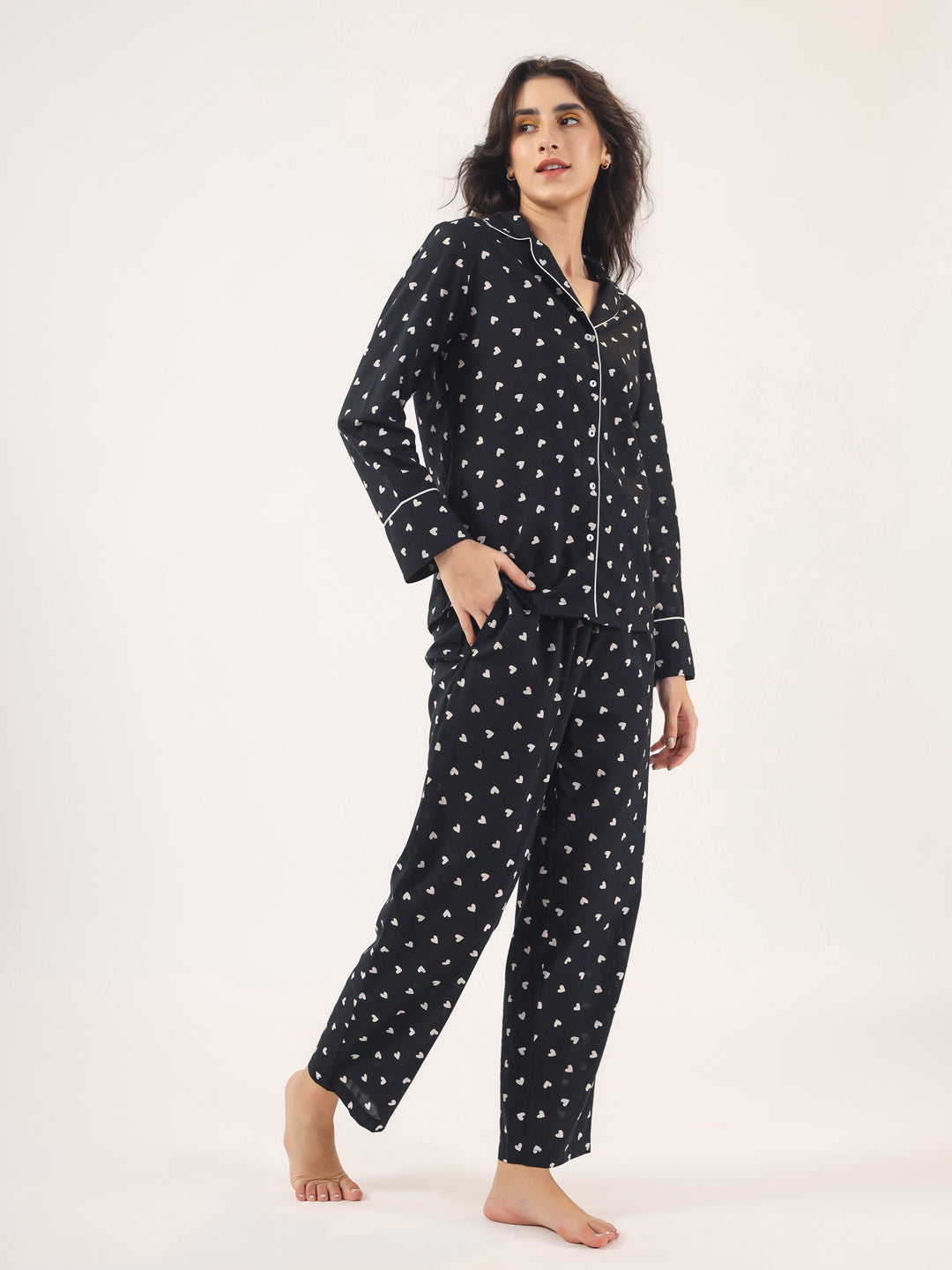 Heart print  BLACK Cotton Night SUIT