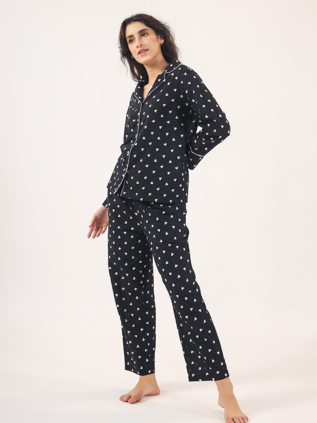 Heart print  BLACK Cotton Night SUIT