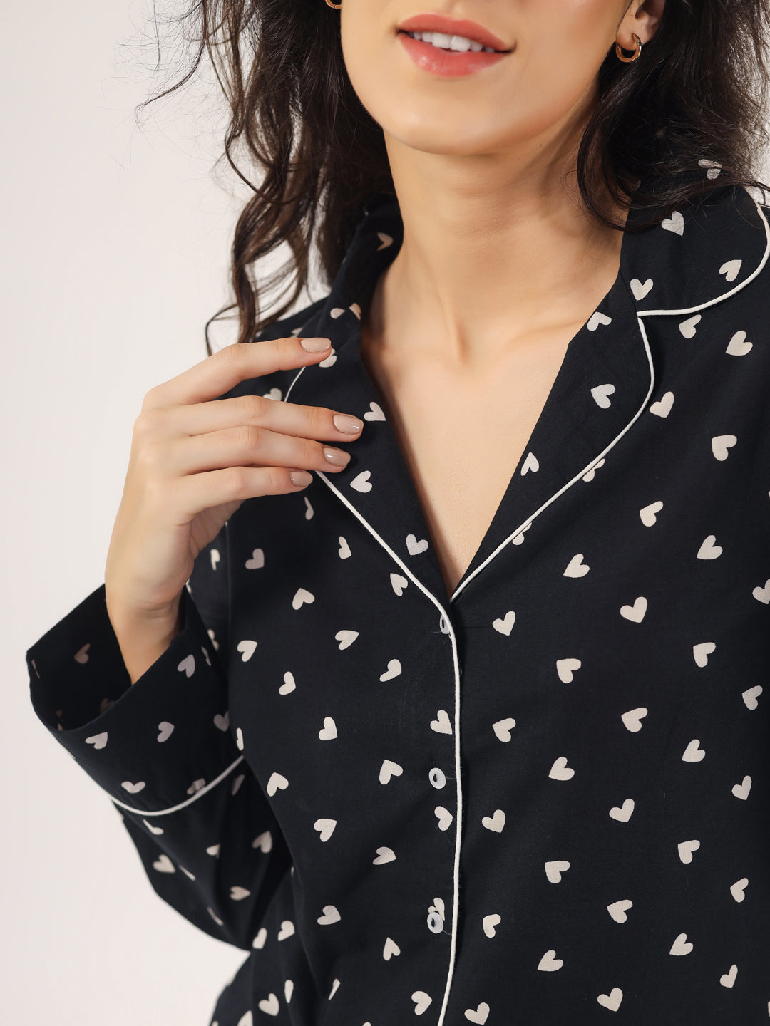 Heart print  BLACK Cotton Night SUIT