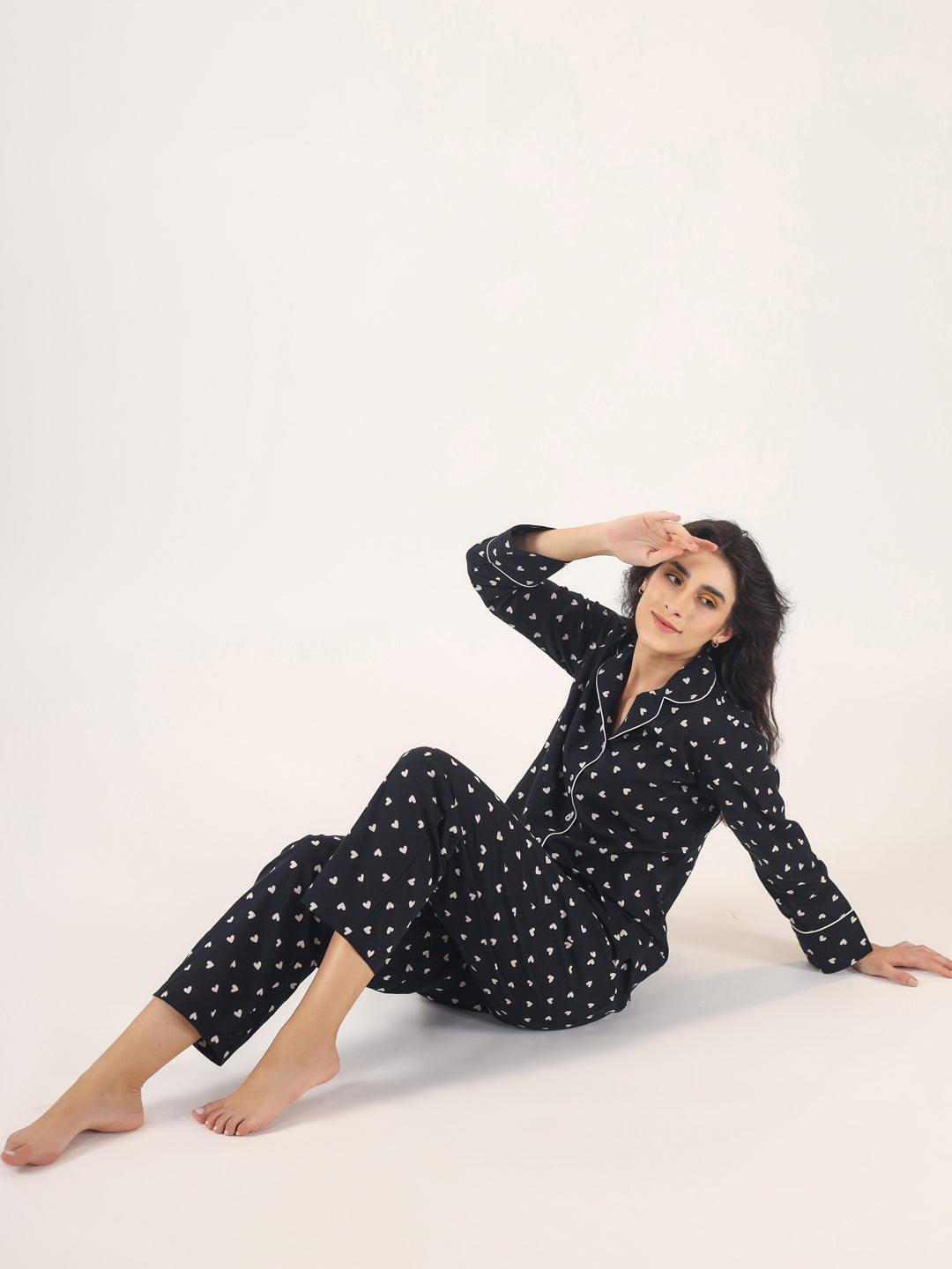 Heart print  BLACK Cotton Night SUIT