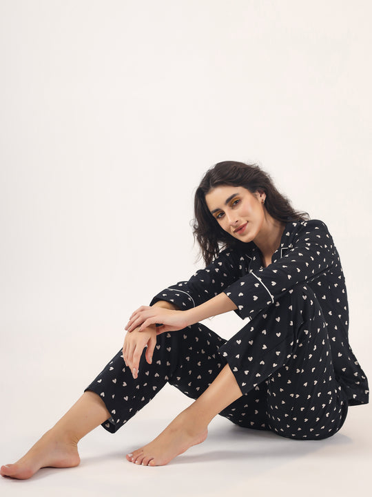 Heart print  BLACK Cotton Night SUIT