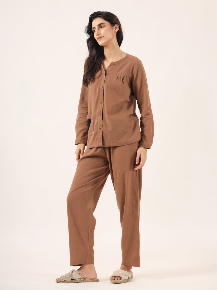 Brown solid Cotton Night SUIT