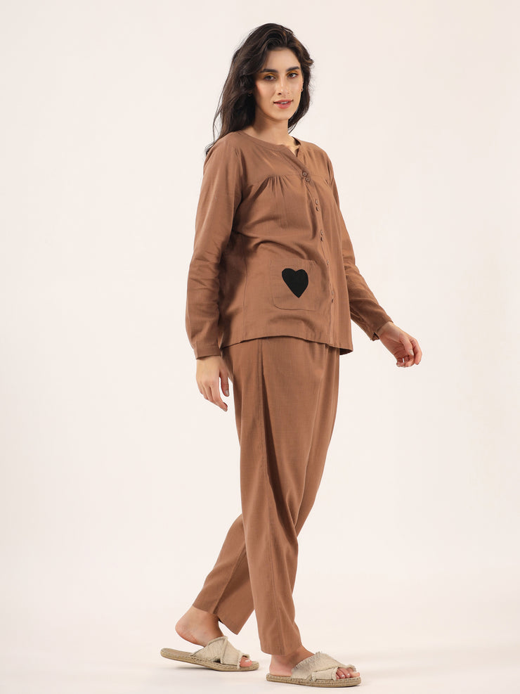 Brown solid Cotton Night SUIT