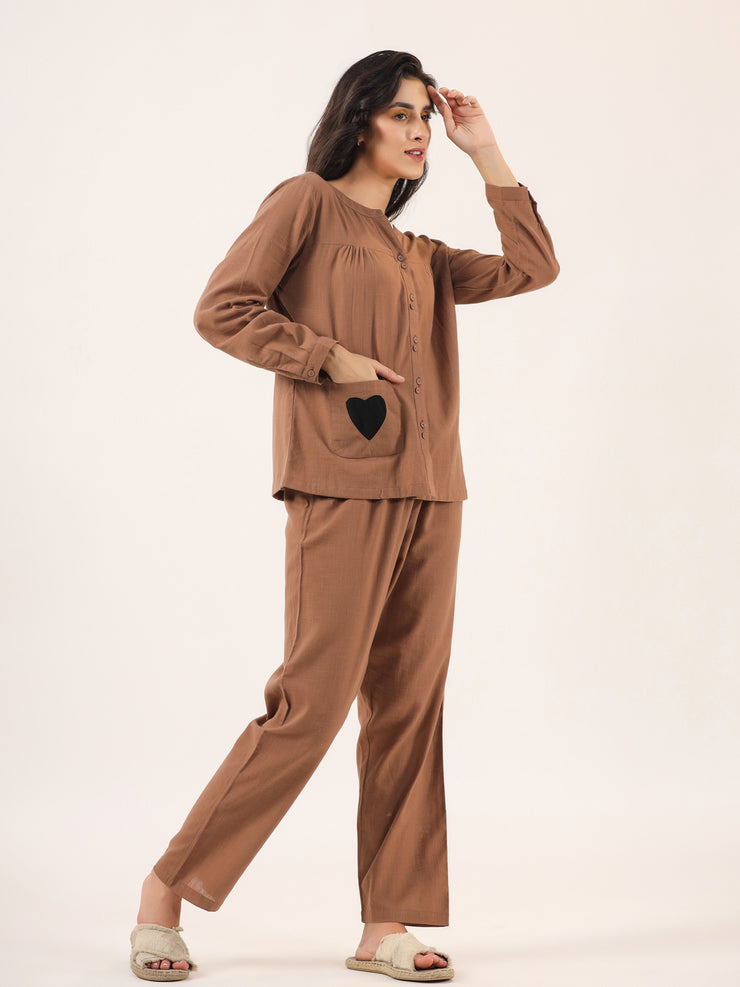 Brown solid Cotton Night SUIT