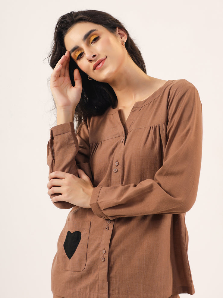 Brown solid Cotton Night SUIT