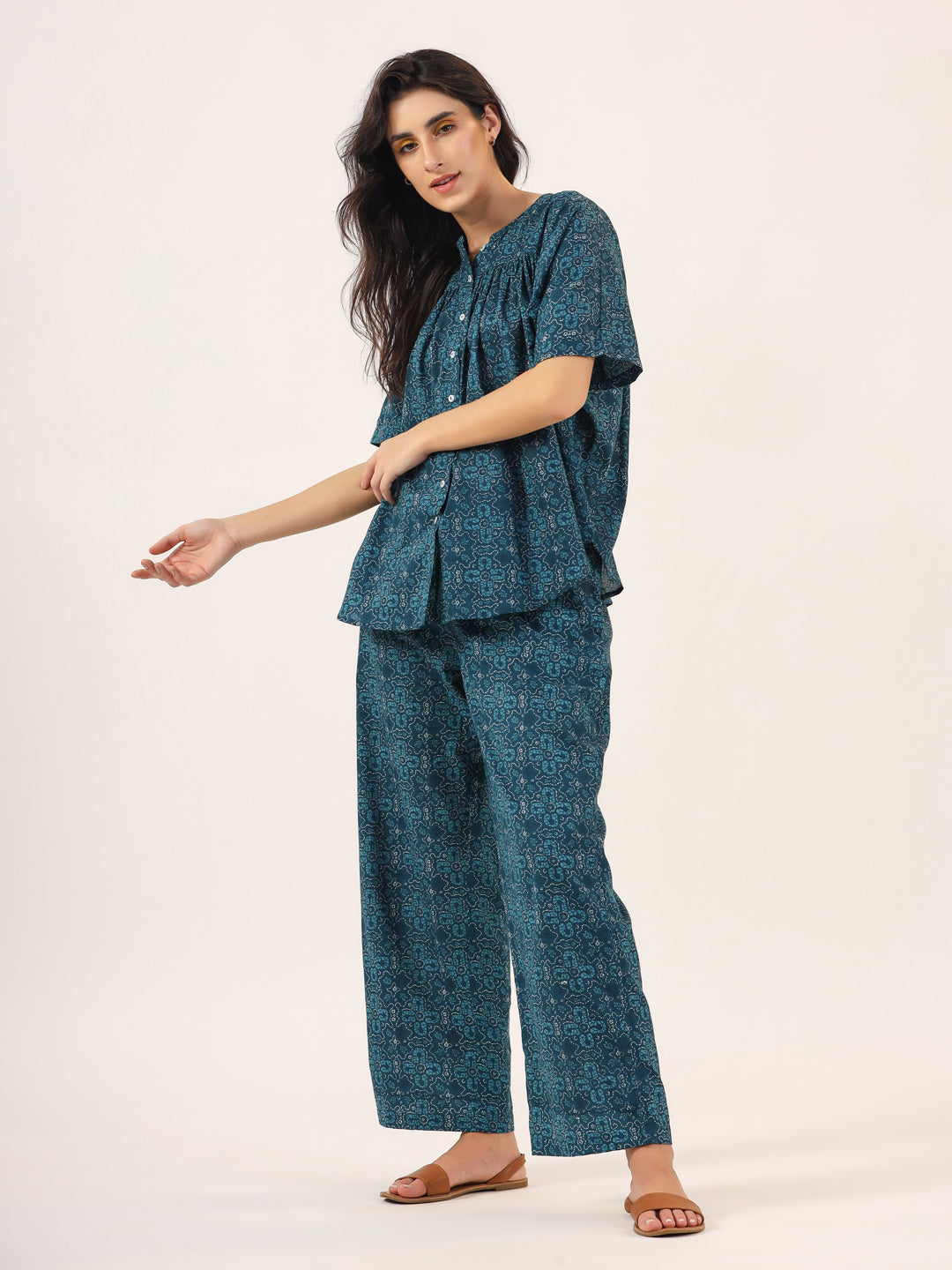 BLUE PRINTED DITSY Cotton Night SUIT - SanskrutiHomes 