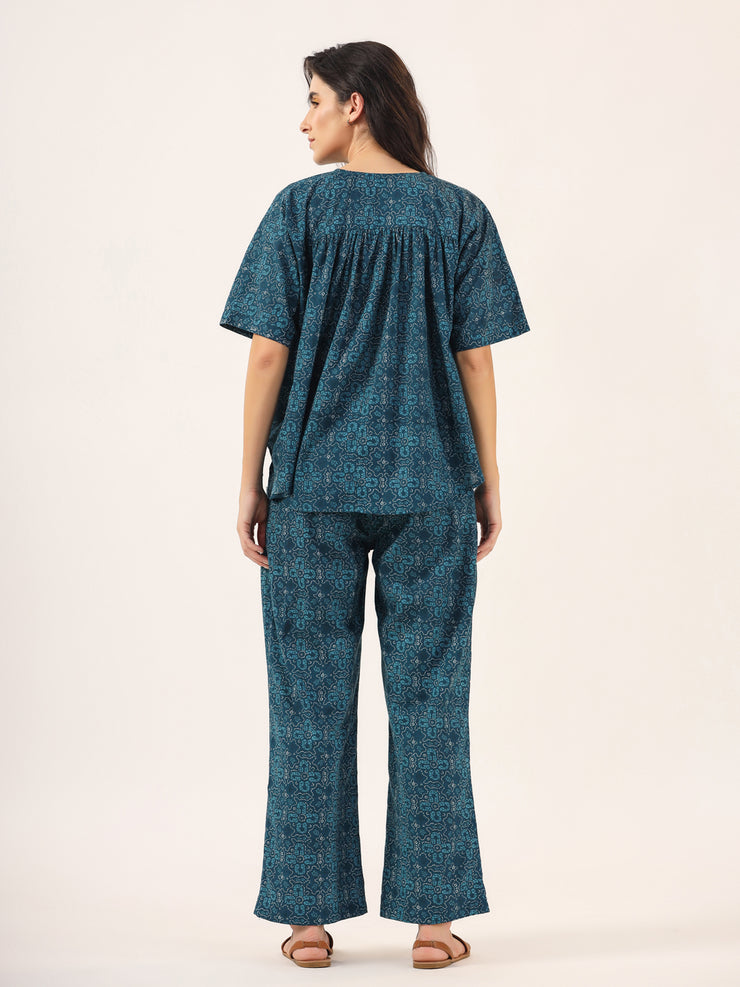 BLUE PRINTED DITSY Cotton Night SUIT