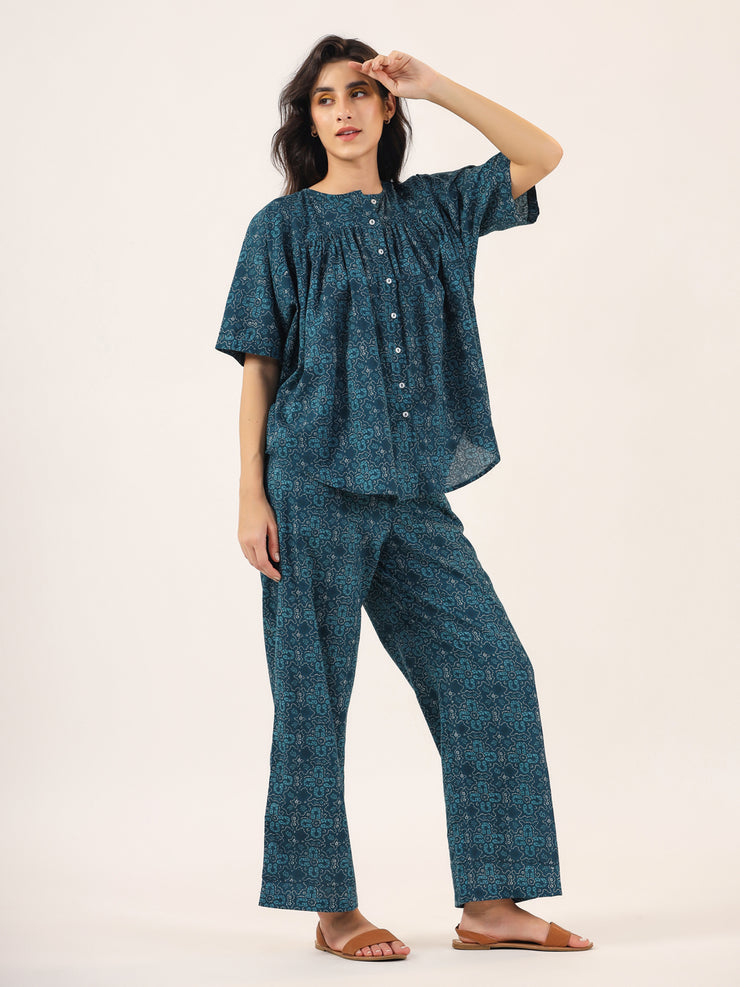 BLUE PRINTED DITSY Cotton Night SUIT