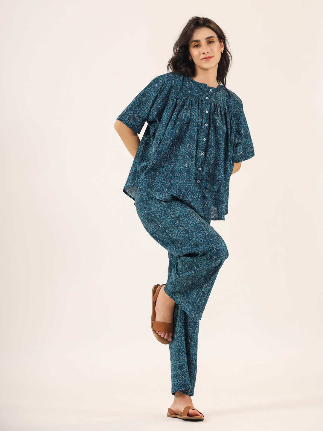 BLUE PRINTED DITSY Cotton Night SUIT - SanskrutiHomes 