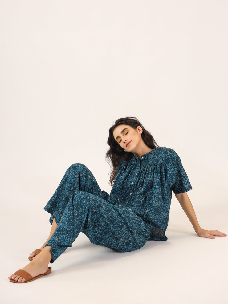 BLUE PRINTED DITSY Cotton Night SUIT