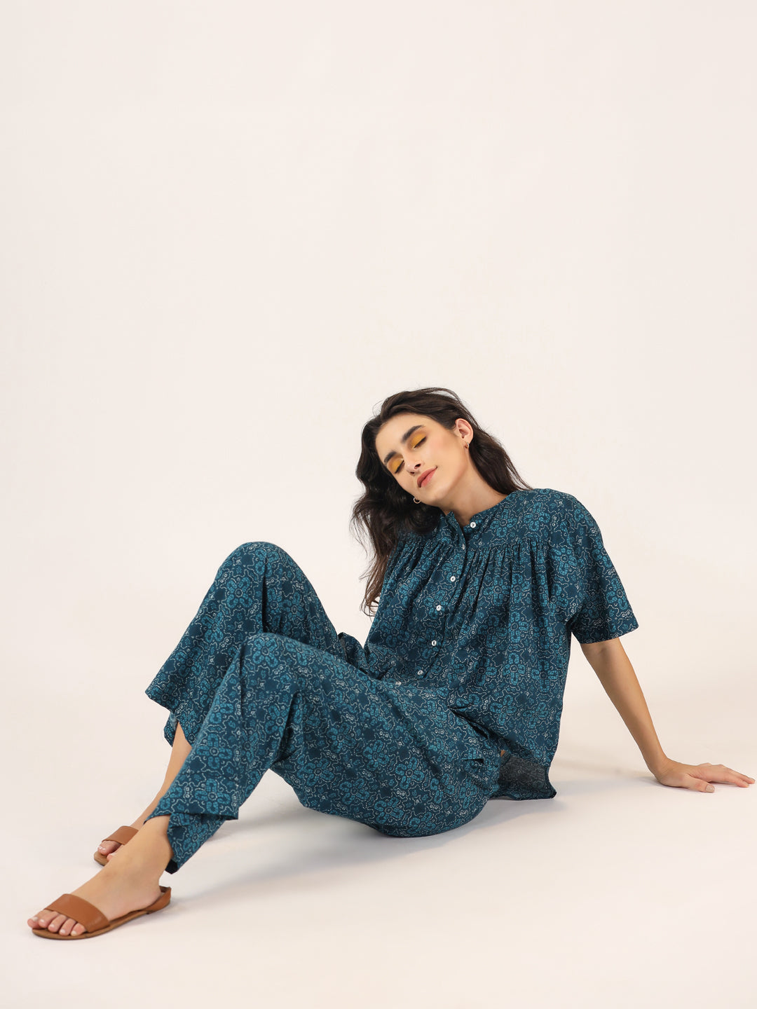 BLUE PRINTED DITSY Cotton Night SUIT - SanskrutiHomes 