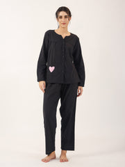 Black solid Cotton Night SUIT