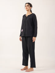 Black solid Cotton Night SUIT