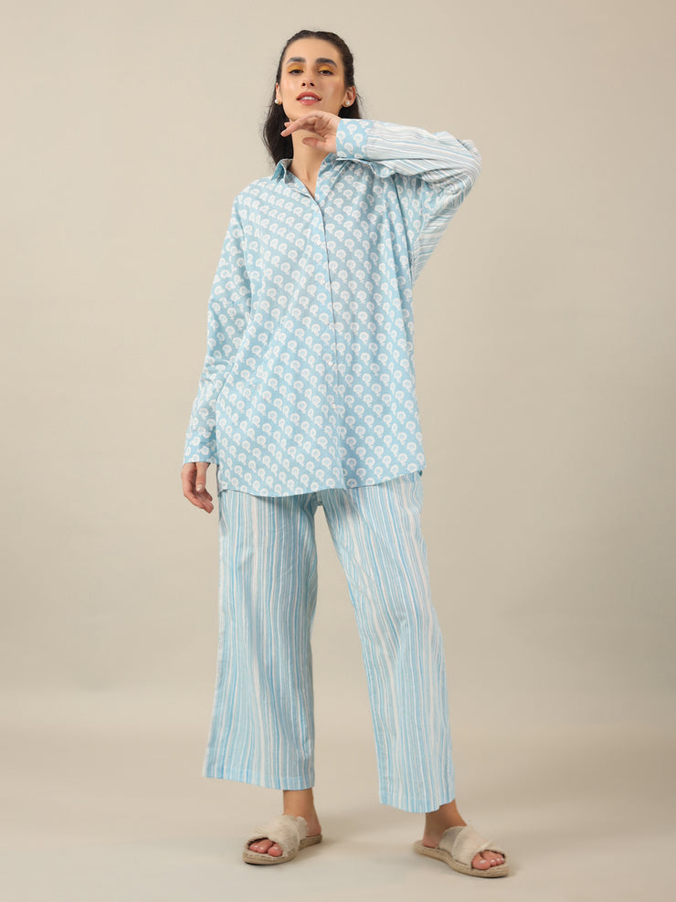 SKY BLUE FLORAL PRINT loose fit Cotton Night SUIT