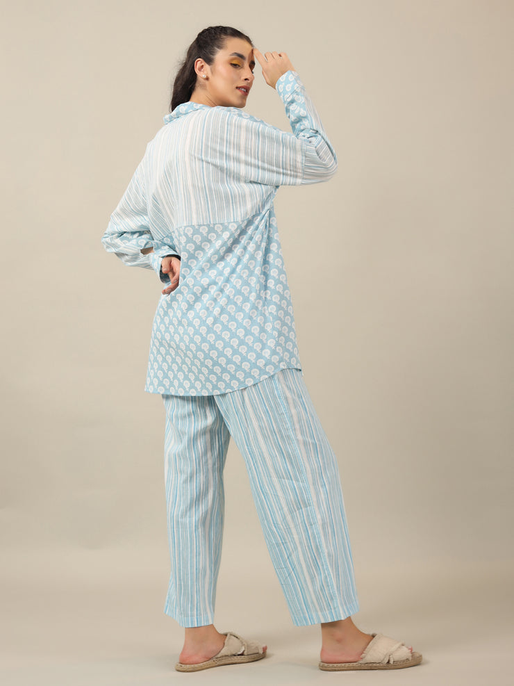 SKY BLUE FLORAL PRINT loose fit Cotton Night SUIT