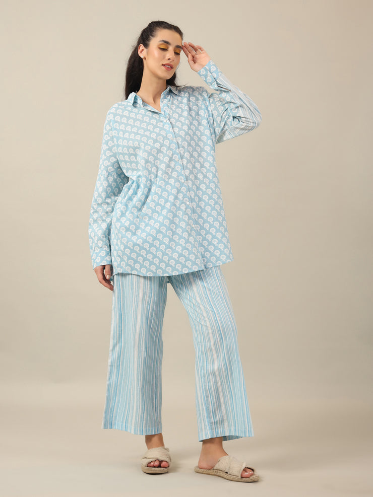 SKY BLUE FLORAL PRINT loose fit Cotton Night SUIT