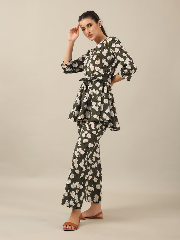 Green Floral PEPLUM Printed cotton co-ord Set