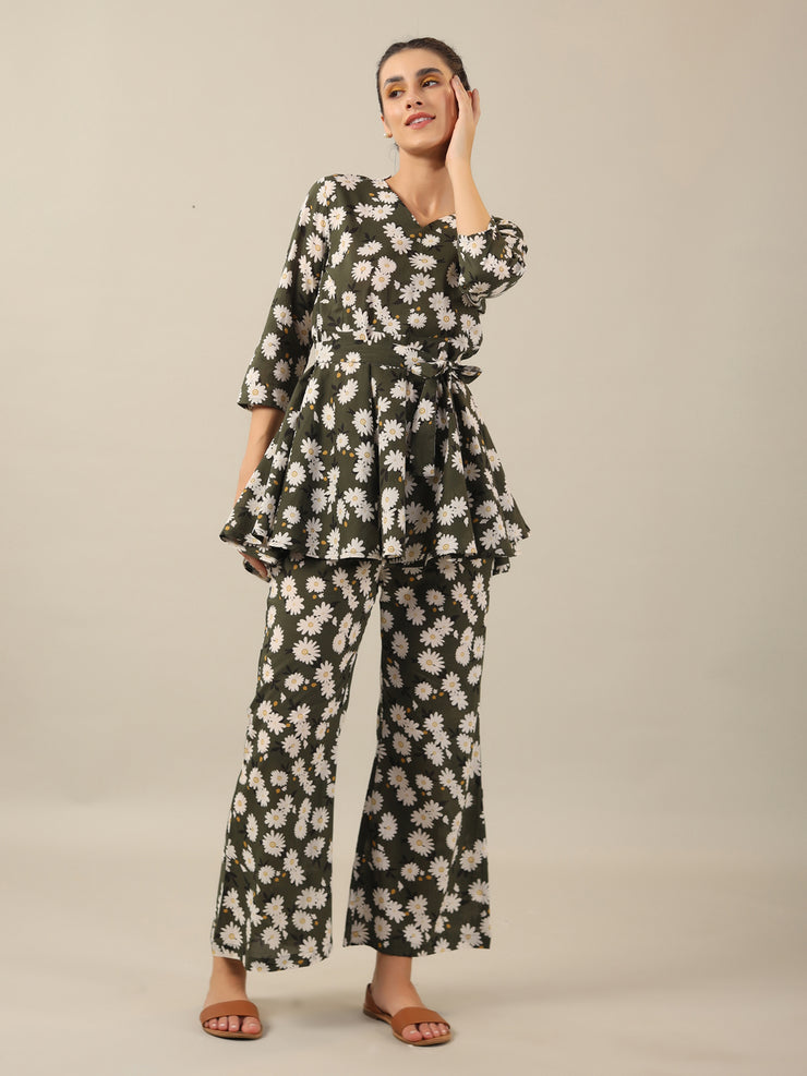 Green Floral PEPLUM Printed cotton co-ord Set