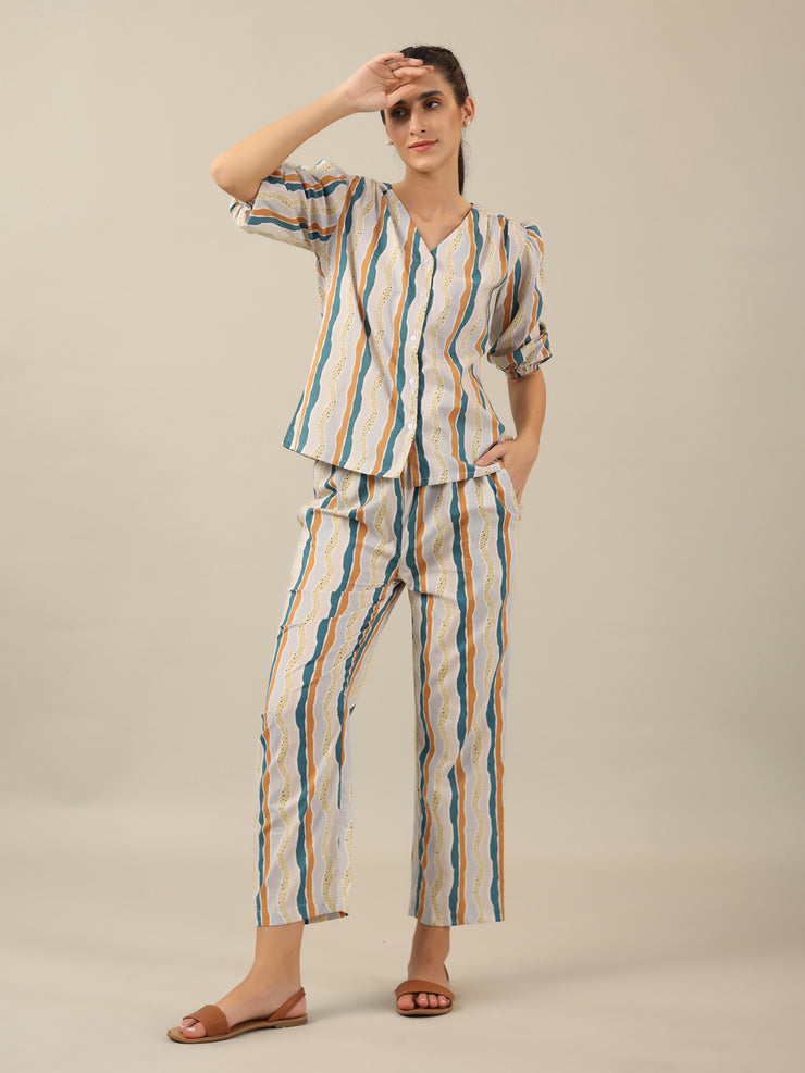 Line print  Cotton Night SUIT