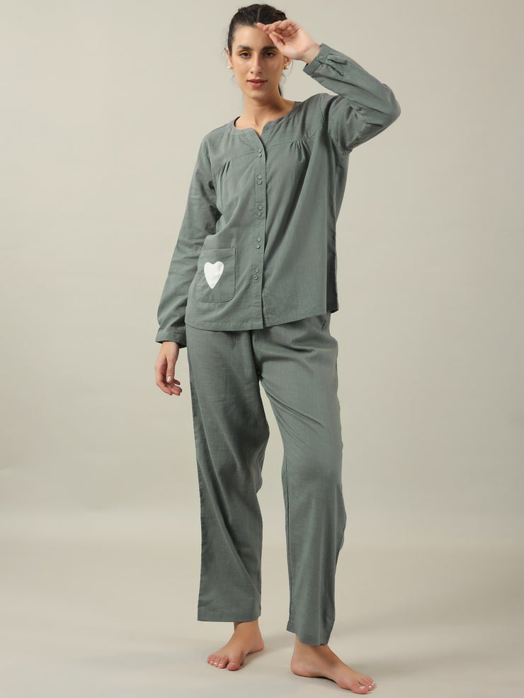 Grey solid Cotton Night SUIT