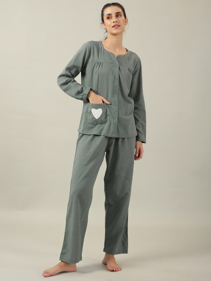 Grey solid Cotton Night SUIT