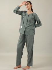 Grey solid Cotton Night SUIT