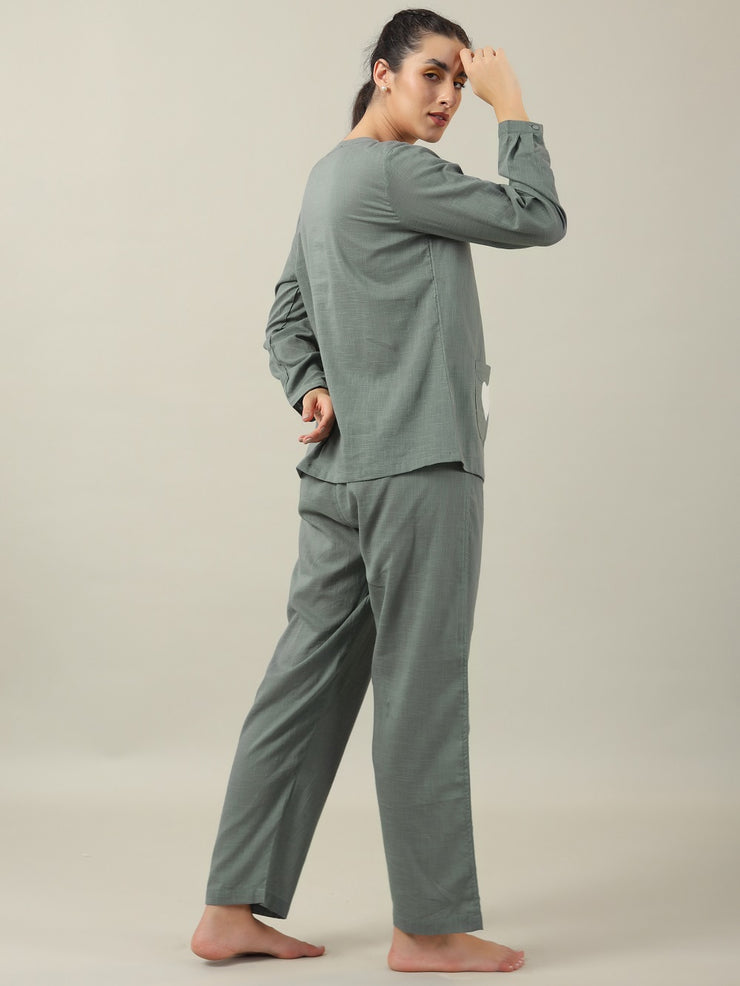 Grey solid Cotton Night SUIT