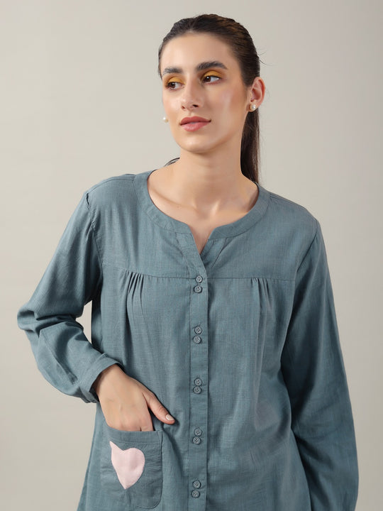 Teal Color Solid Cotton Night Suit for Women