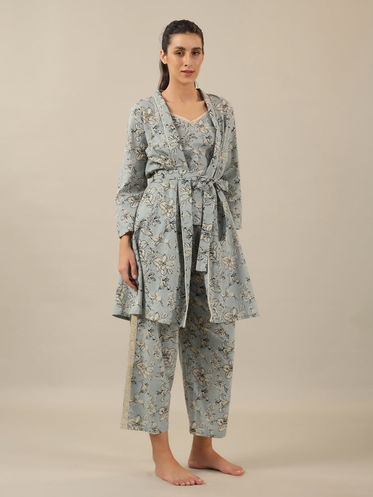 Powder blue Pure Cotton 3 peice  Night SUIT