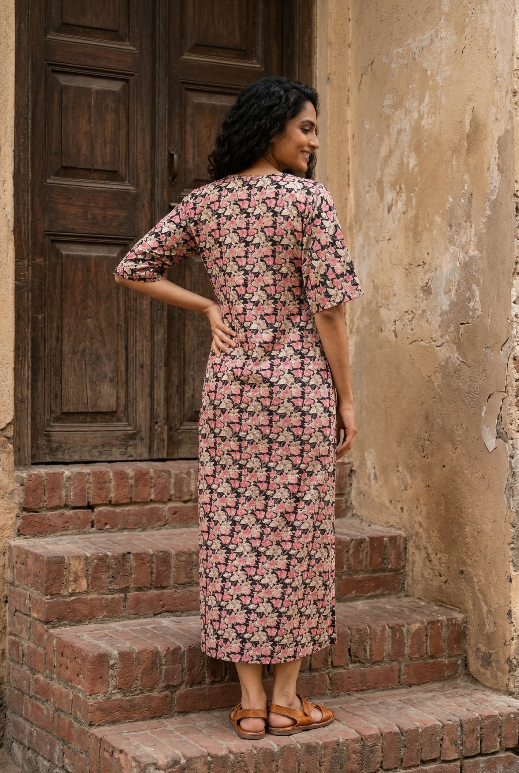Black V-Neck Floral Print Pure Cotton Nightdress For Women