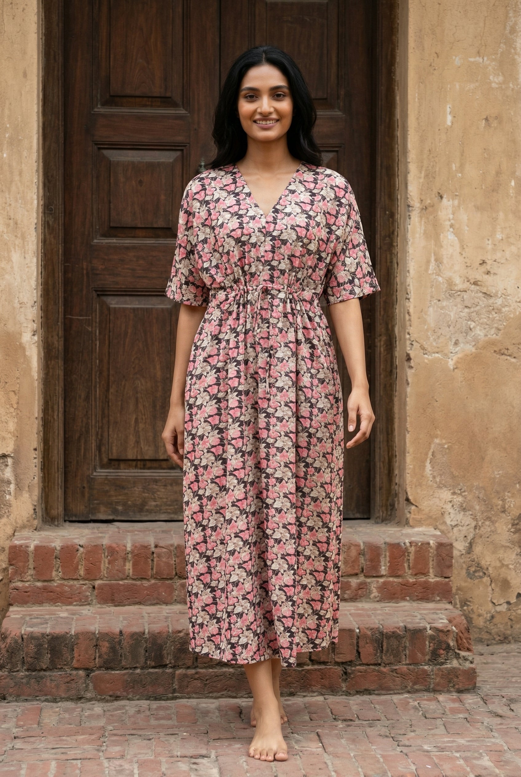 Black V-Neck Floral Print Pure Cotton Nightdress For Women