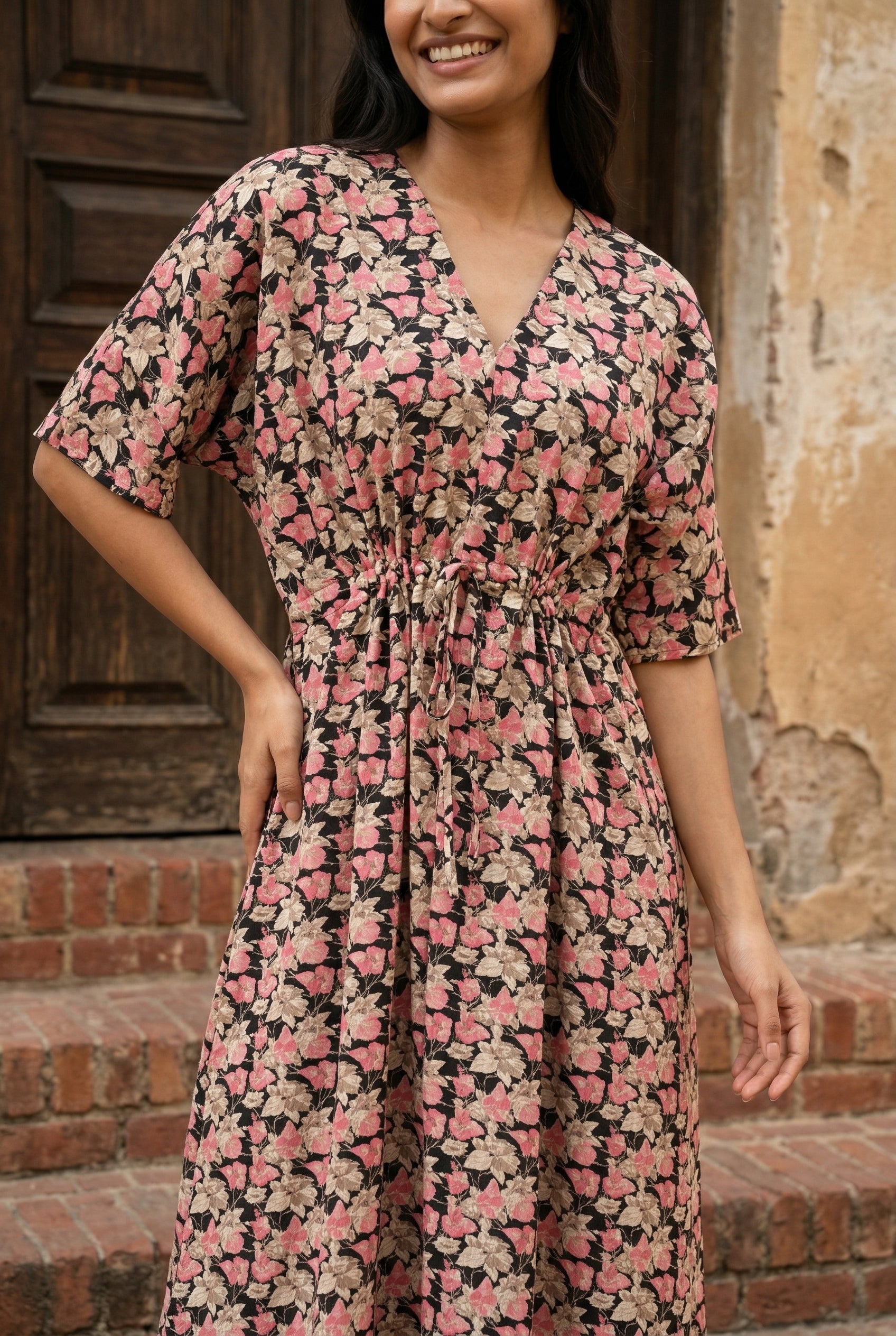 Black V-Neck Floral Print Pure Cotton Nightdress For Women